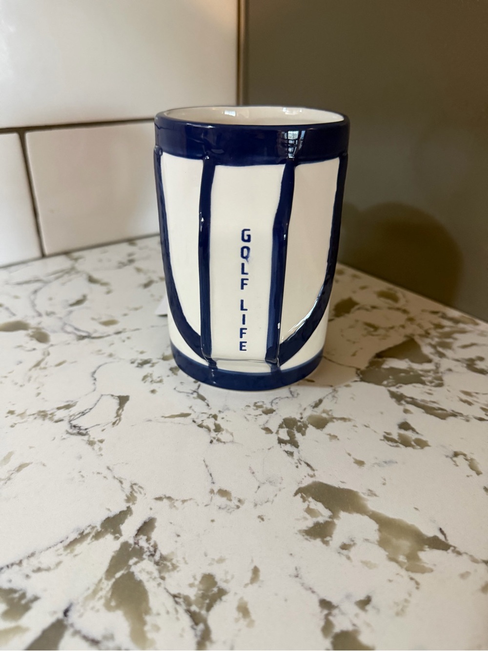 Ceramic 'GOLF LIFE' Pen Cup in Navy and White